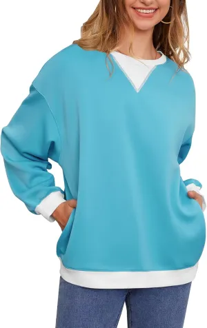 Womens Long Sleeve Color Block Sweatshirts Y2K Crew Neck Oversized Pullover Fall Sweaters Tops with Two Pockets