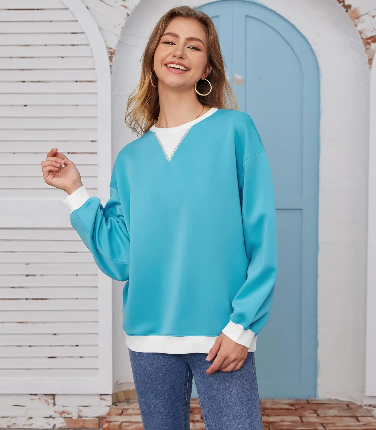 Womens Long Sleeve Color Block Sweatshirts Y2K Crew Neck Oversized Pullover Fall Sweaters Tops with Two Pockets