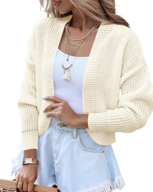 Women's Long Sleeve Open Front Knit Cropped Cardigan Sweaters Casual Drop Shoulder Short Shrugs Sweater Coats