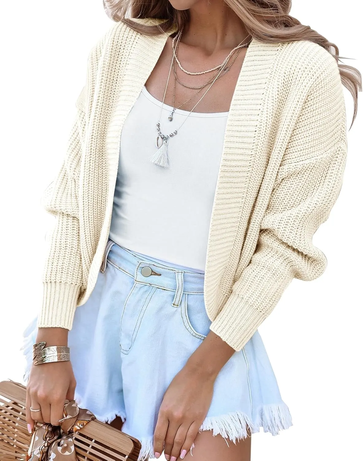 Women's Long Sleeve Open Front Knit Cropped Cardigan Sweaters Casual Drop Shoulder Short Shrugs Sweater Coats