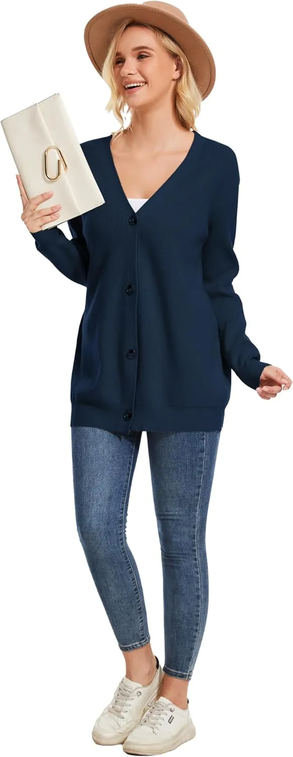 Women's Long Sleeve V-Neck Button Down Cardigan Chunky Oversized Knit Open Front Trendy Sweater Outerwear