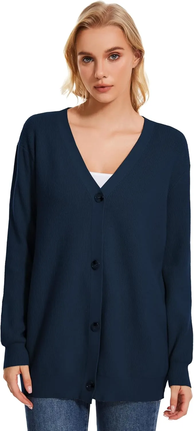 Women's Long Sleeve V-Neck Button Down Cardigan Chunky Oversized Knit Open Front Trendy Sweater Outerwear