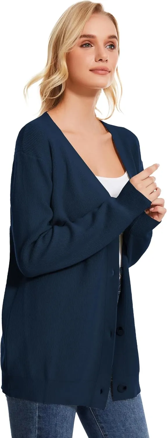 Women's Long Sleeve V-Neck Button Down Cardigan Chunky Oversized Knit Open Front Trendy Sweater Outerwear