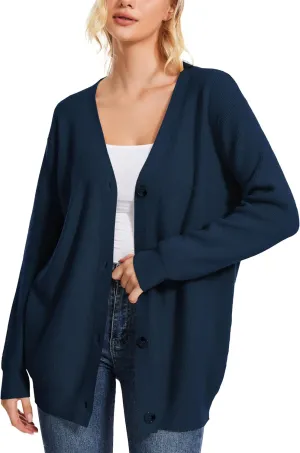 Women's Long Sleeve V-Neck Button Down Cardigan Chunky Oversized Knit Open Front Trendy Sweater Outerwear