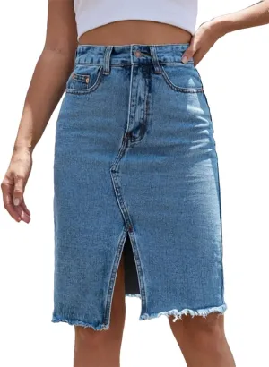 Women's Midi Cotton Denim Skirt 2025 Slim High Waist Packaged Hip Frayed Raw Hem Office Elegant Jean Skirts