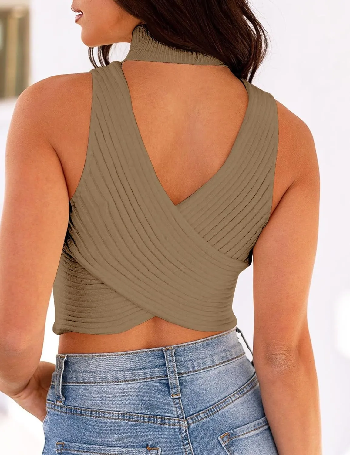 Women's Mock Neck Knit Sweater Vest Sleeveless Crossback Crop Tops Cute Sexy Ribbed Pullover Tank Tops