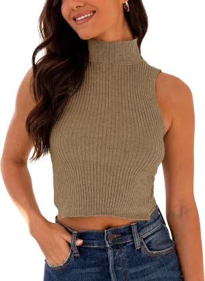 Women's Mock Neck Knit Sweater Vest Sleeveless Crossback Crop Tops Cute Sexy Ribbed Pullover Tank Tops