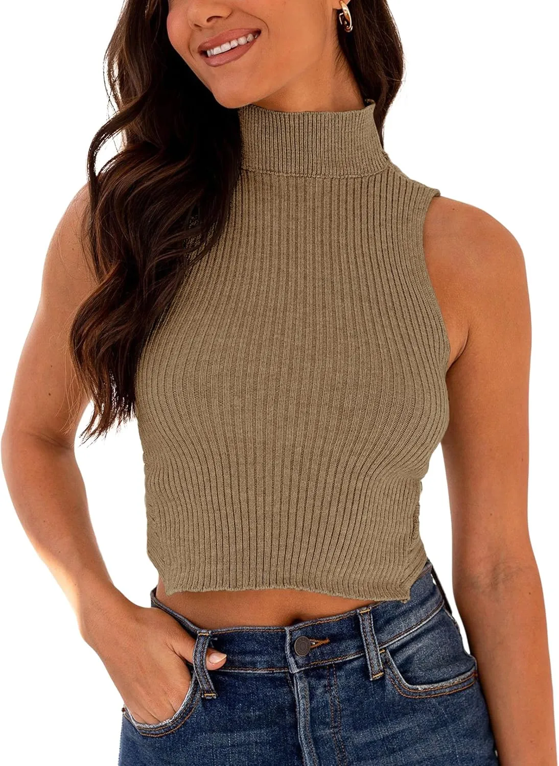 Women's Mock Neck Knit Sweater Vest Sleeveless Crossback Crop Tops Cute Sexy Ribbed Pullover Tank Tops