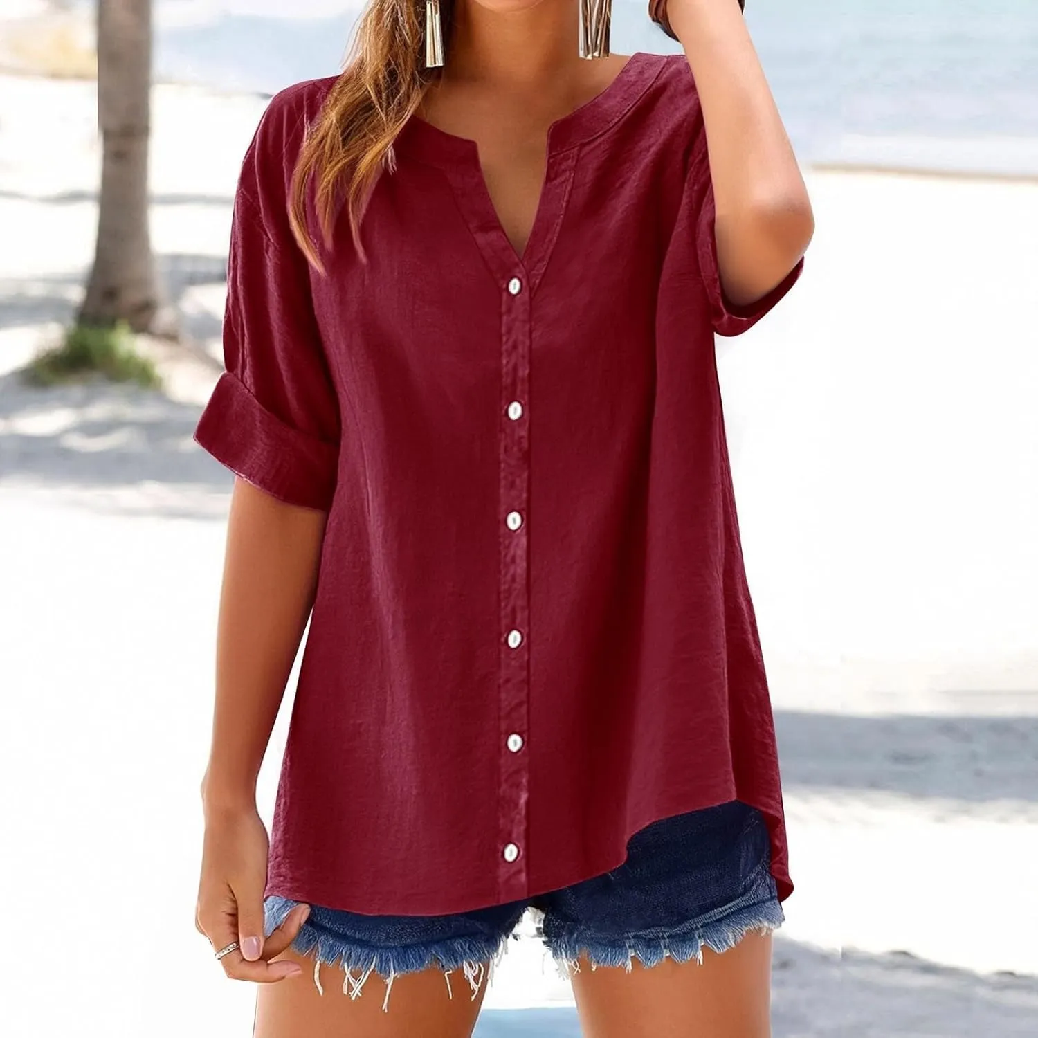 Women's Oversized Button Down Shirts Summer Cotton Linen Blouse V-Neck Short Sleeve Loose Tunic Tops Office Work Tees