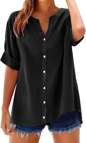 Women's Oversized Button Down Shirts Summer Cotton Linen Blouse V-Neck Short Sleeve Loose Tunic Tops Office Work Tees