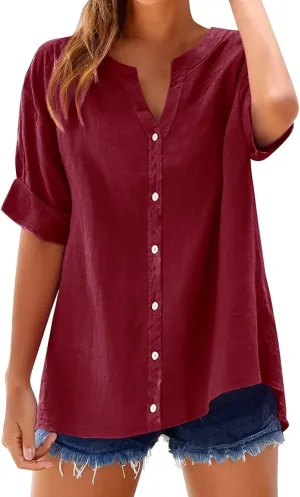 Women's Oversized Button Down Shirts Summer Cotton Linen Blouse V-Neck Short Sleeve Loose Tunic Tops Office Work Tees