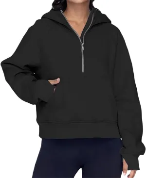 Womens Oversized Hoodies Spring Fall Casual Quarter Zip Hooded Pullover Kangaroo Pocket Thumb Hole