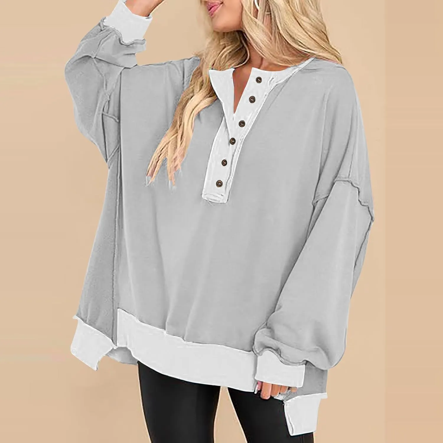 Women's Oversized Sweatshirts Long Sleeve Henley Button Down Pullover Hoodies Tunic Tops 2024 Trendy Fall Clothes