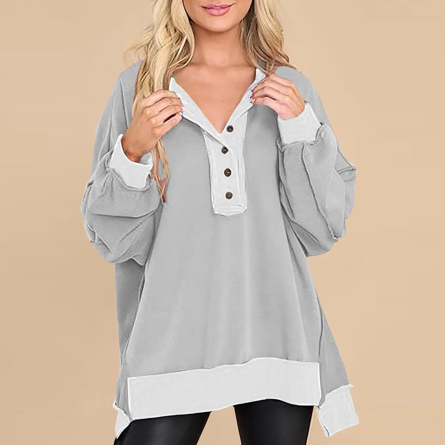 Women's Oversized Sweatshirts Long Sleeve Henley Button Down Pullover Hoodies Tunic Tops 2024 Trendy Fall Clothes