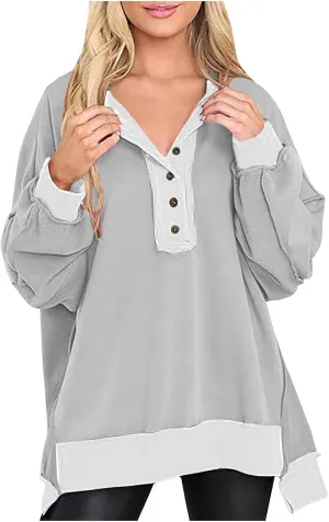 Women's Oversized Sweatshirts Long Sleeve Henley Button Down Pullover Hoodies Tunic Tops 2024 Trendy Fall Clothes