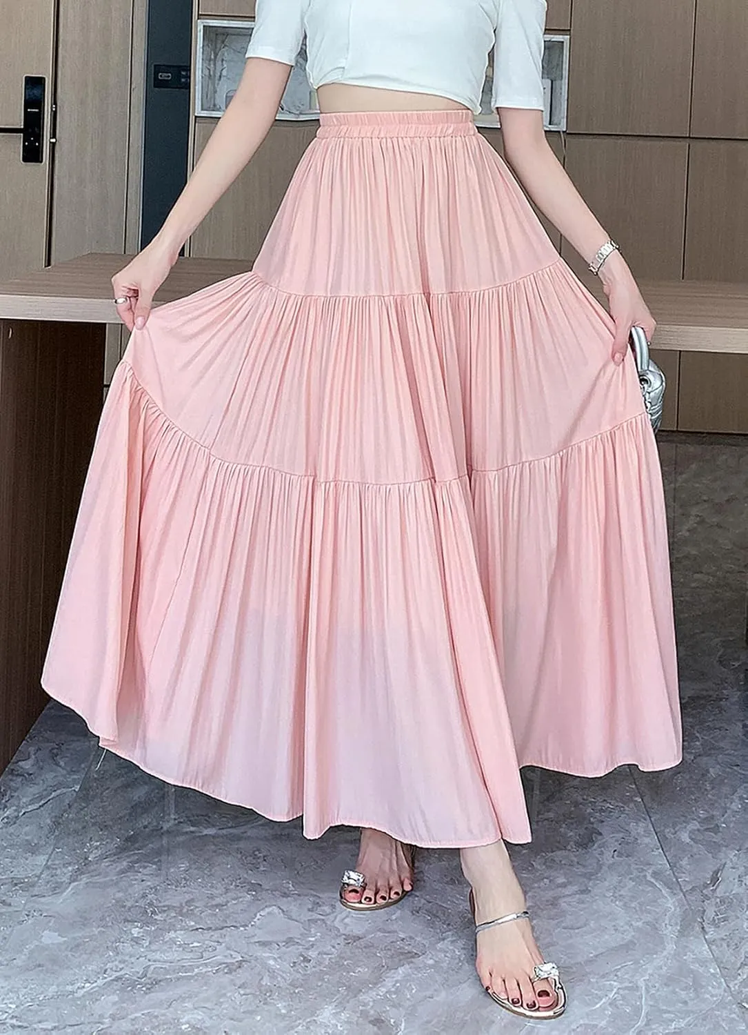 Women's Pleated Tiered Maxi Skirts A-Line Elastic High Waist Flowy Ruffle Flared Maxi Skirt Swing Long Beach Skirt