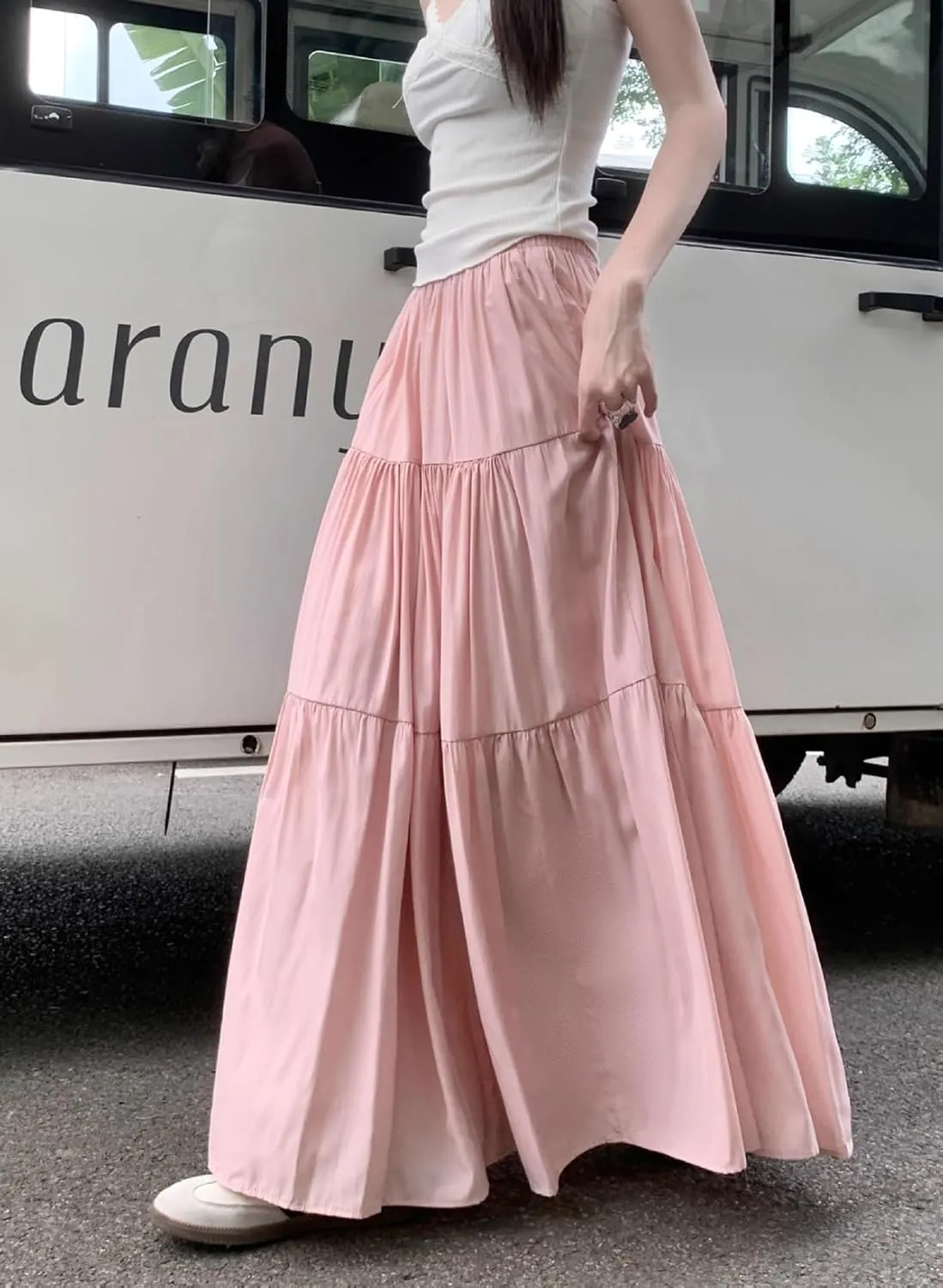 Women's Pleated Tiered Maxi Skirts A-Line Elastic High Waist Flowy Ruffle Flared Maxi Skirt Swing Long Beach Skirt