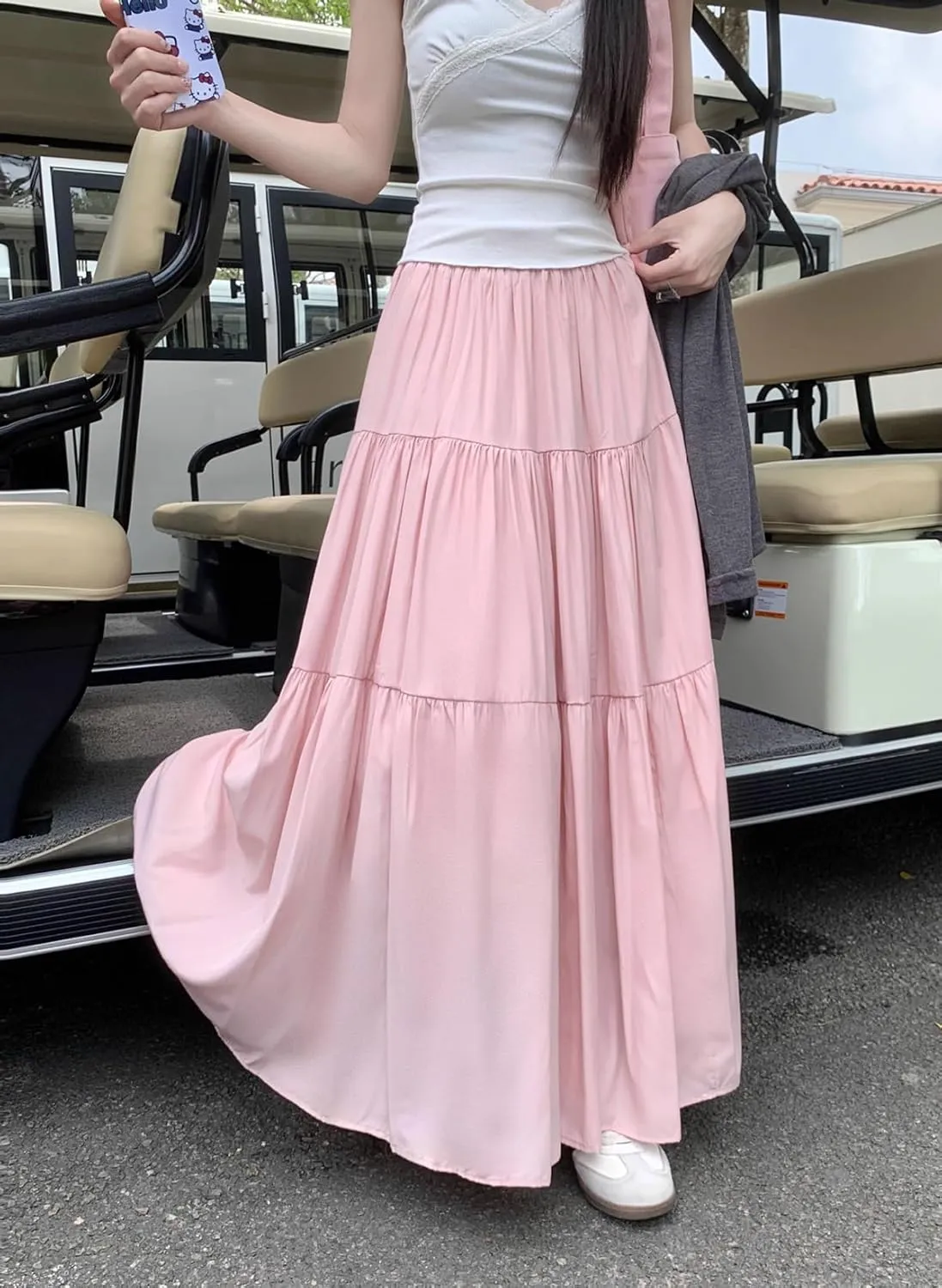 Women's Pleated Tiered Maxi Skirts A-Line Elastic High Waist Flowy Ruffle Flared Maxi Skirt Swing Long Beach Skirt