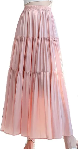 Women's Pleated Tiered Maxi Skirts A-Line Elastic High Waist Flowy Ruffle Flared Maxi Skirt Swing Long Beach Skirt