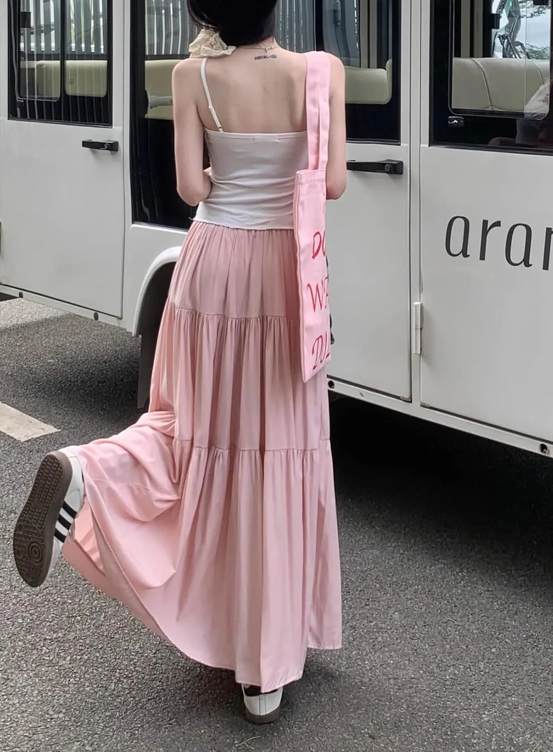 Women's Pleated Tiered Maxi Skirts A-Line Elastic High Waist Flowy Ruffle Flared Maxi Skirt Swing Long Beach Skirt