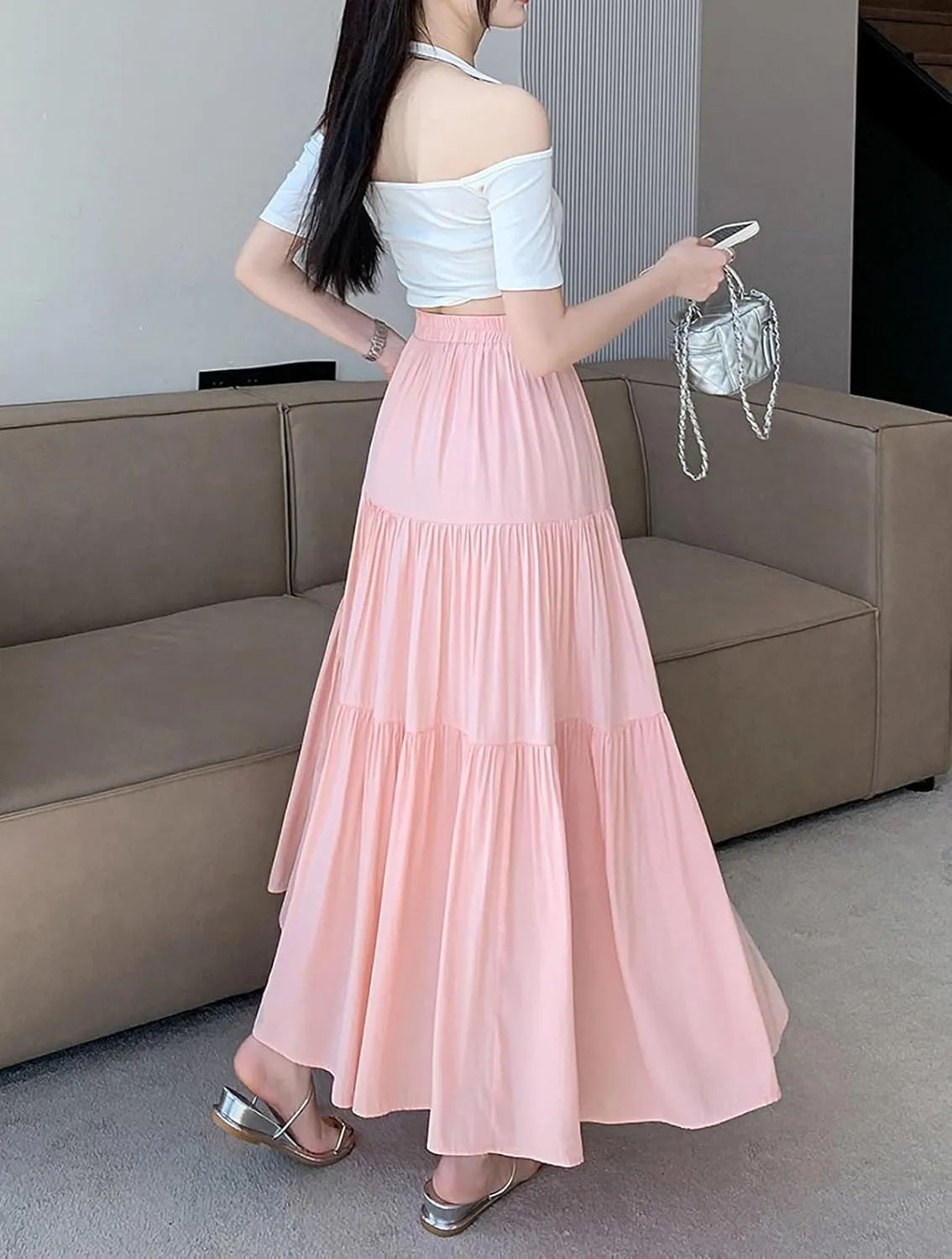 Women's Pleated Tiered Maxi Skirts A-Line Elastic High Waist Flowy Ruffle Flared Maxi Skirt Swing Long Beach Skirt