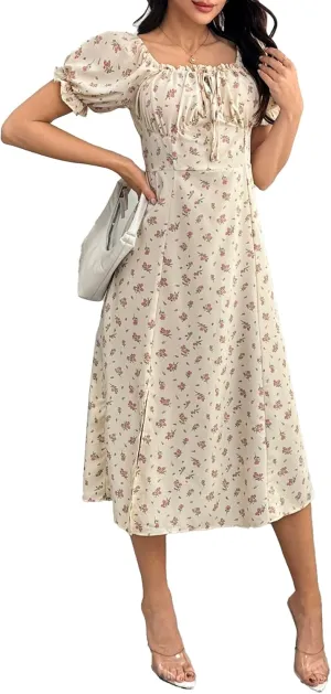 Women's Puff Sleeve Floral Maxi Dress Square Neck Tie Front Cottagecore Boho Slit Long Dresses
