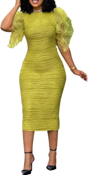 Women's Ruffle Sleeve Bodycon Midi Dress Solid Color Short Sleeve Cocktail Party Mermaid Dress for Wedding Guest
