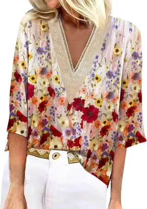 Women's Shirt Blouse Casual Loose Shirts 3/4 Sleeve Lace Trims Print V Neck Tops Print Women's Athletic Shirts