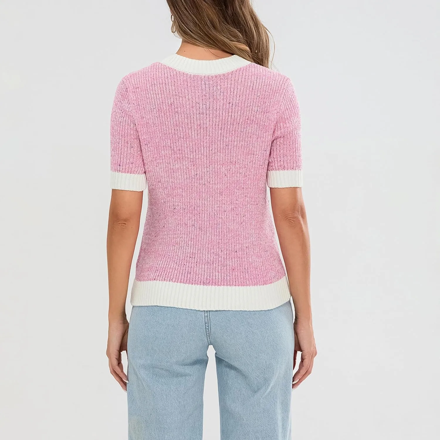 Womens Short Sleeve Button Down Cardigans Sweater Cropped Lightweight Crew Neck Elegant Knit Tops with Pockets