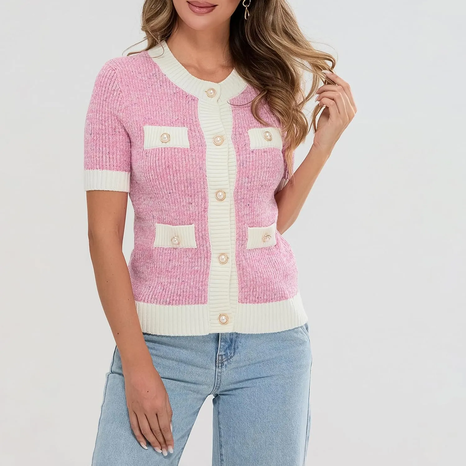Womens Short Sleeve Button Down Cardigans Sweater Cropped Lightweight Crew Neck Elegant Knit Tops with Pockets