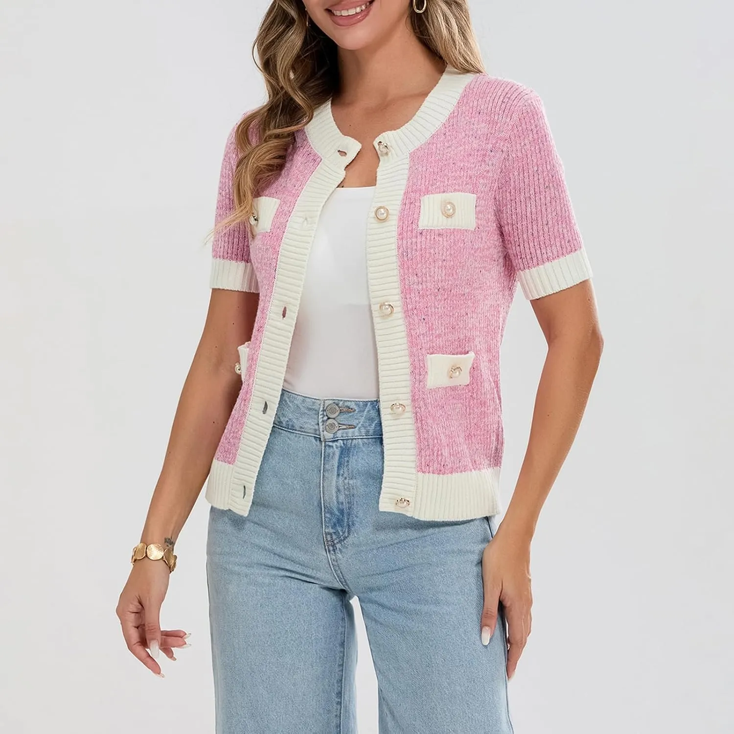 Womens Short Sleeve Button Down Cardigans Sweater Cropped Lightweight Crew Neck Elegant Knit Tops with Pockets
