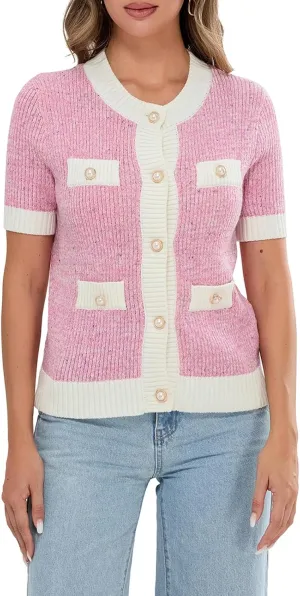 Womens Short Sleeve Button Down Cardigans Sweater Cropped Lightweight Crew Neck Elegant Knit Tops with Pockets