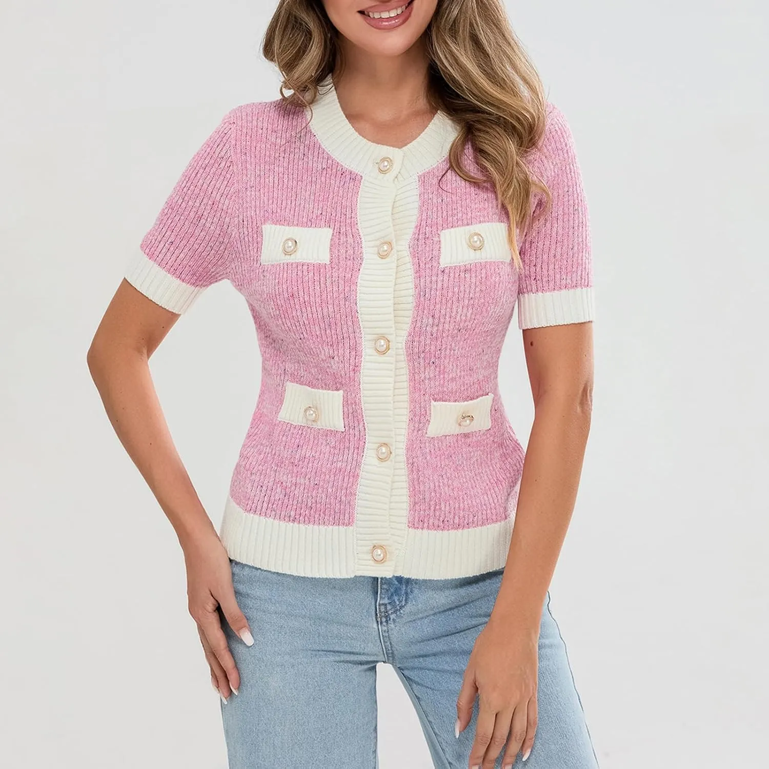 Womens Short Sleeve Button Down Cardigans Sweater Cropped Lightweight Crew Neck Elegant Knit Tops with Pockets
