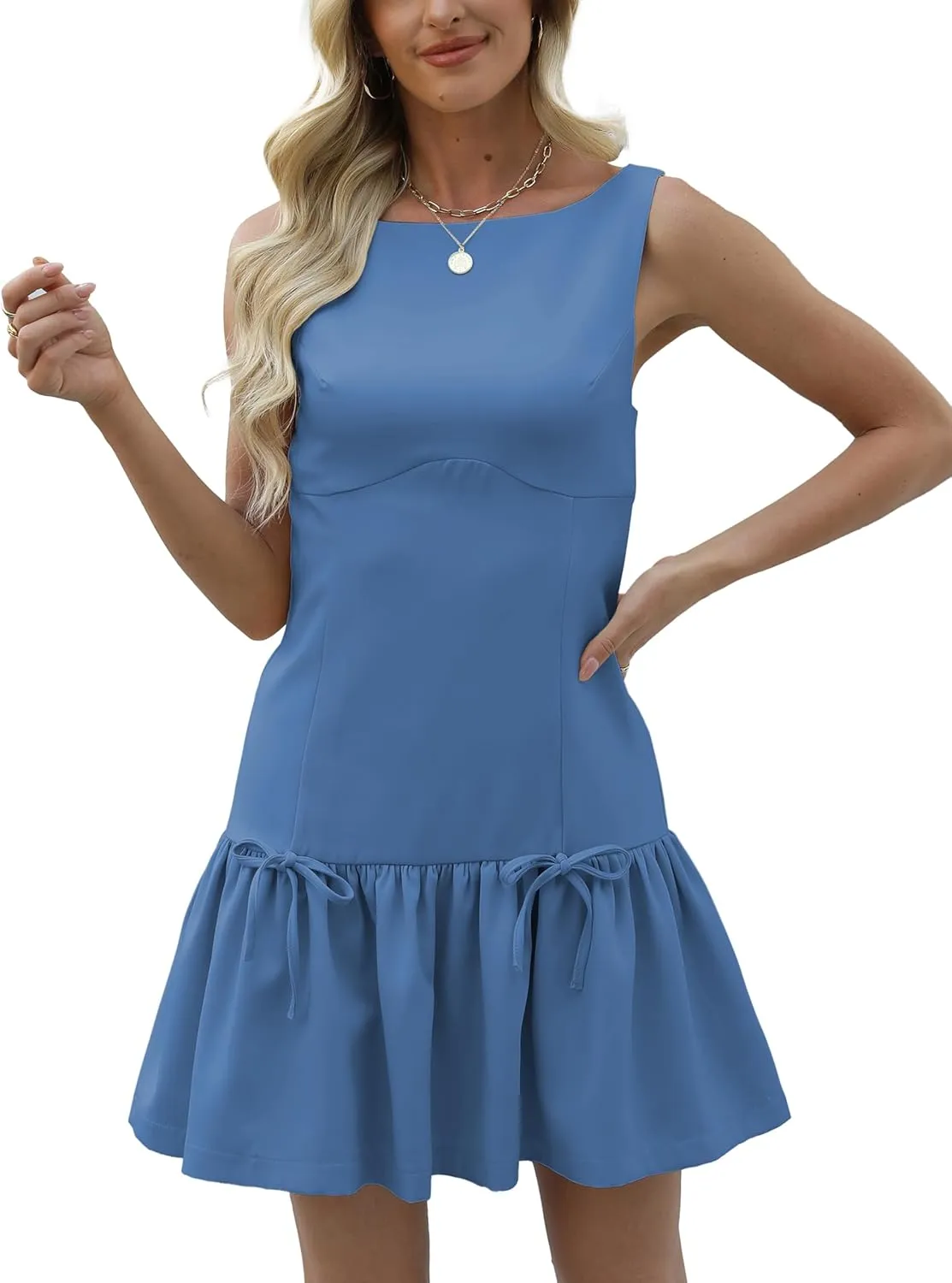 Womens Sleeveless Pleated Dress Girdling A Line Solid Color Pullover Round Neck Bow Zipper Back Mini Dress