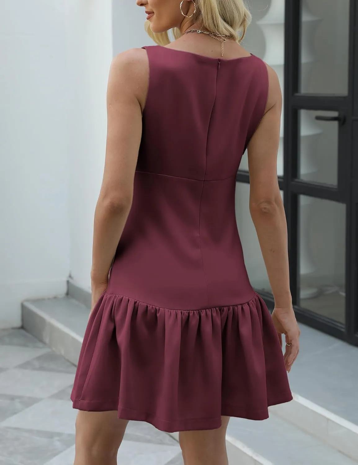 Womens Sleeveless Pleated Dress Girdling A Line Solid Color Pullover Round Neck Bow Zipper Back Mini Dress