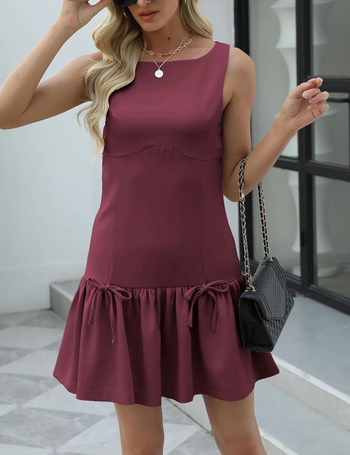 Womens Sleeveless Pleated Dress Girdling A Line Solid Color Pullover Round Neck Bow Zipper Back Mini Dress