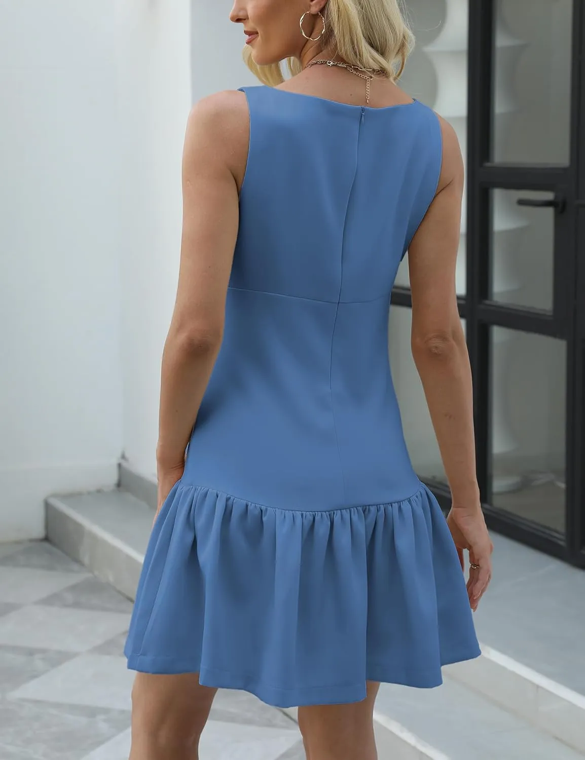 Womens Sleeveless Pleated Dress Girdling A Line Solid Color Pullover Round Neck Bow Zipper Back Mini Dress