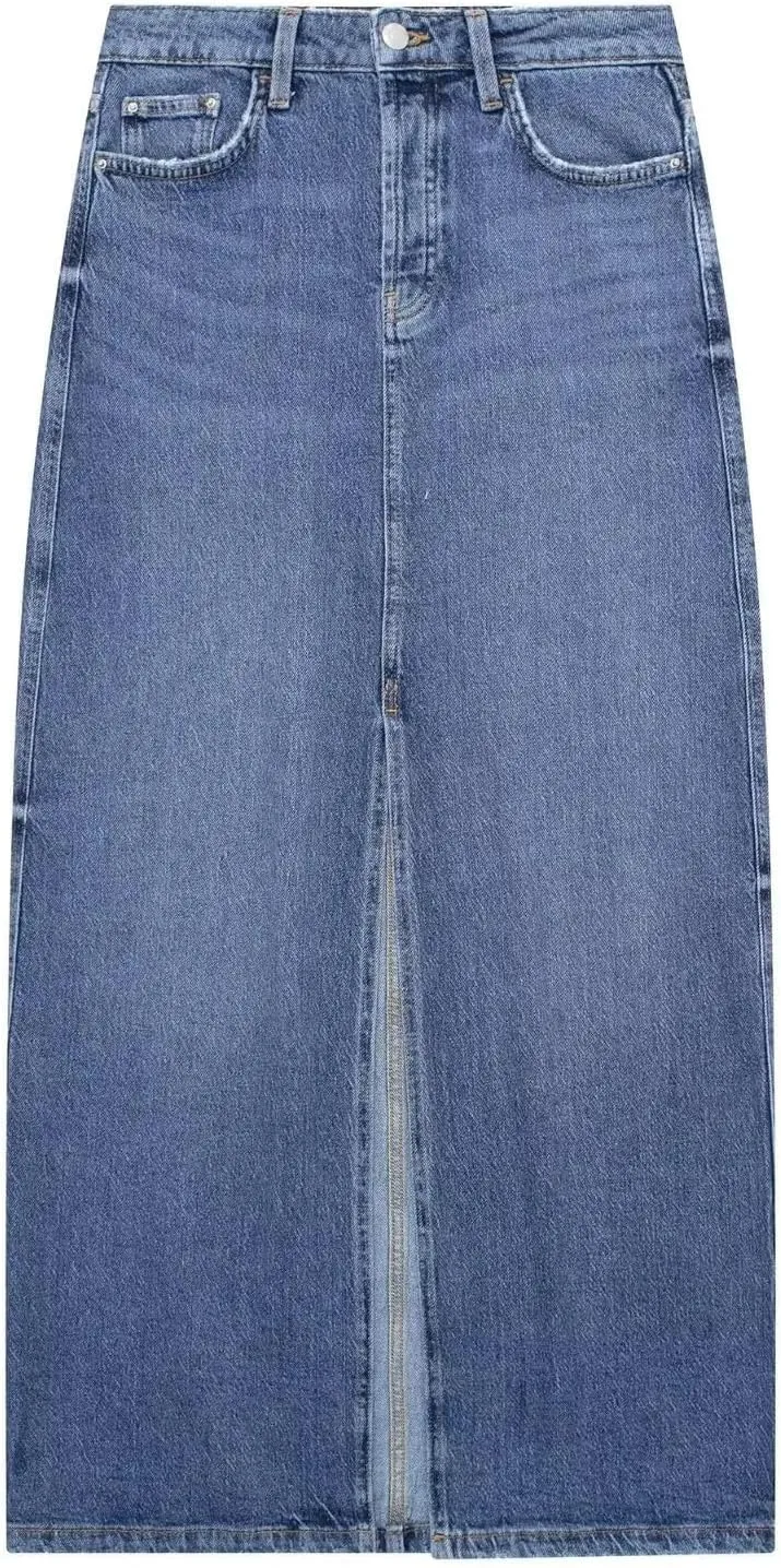 Women's Solid Streetwear Cargo Denim Skirts Summer High Waist Slit Jean Midi Skirts