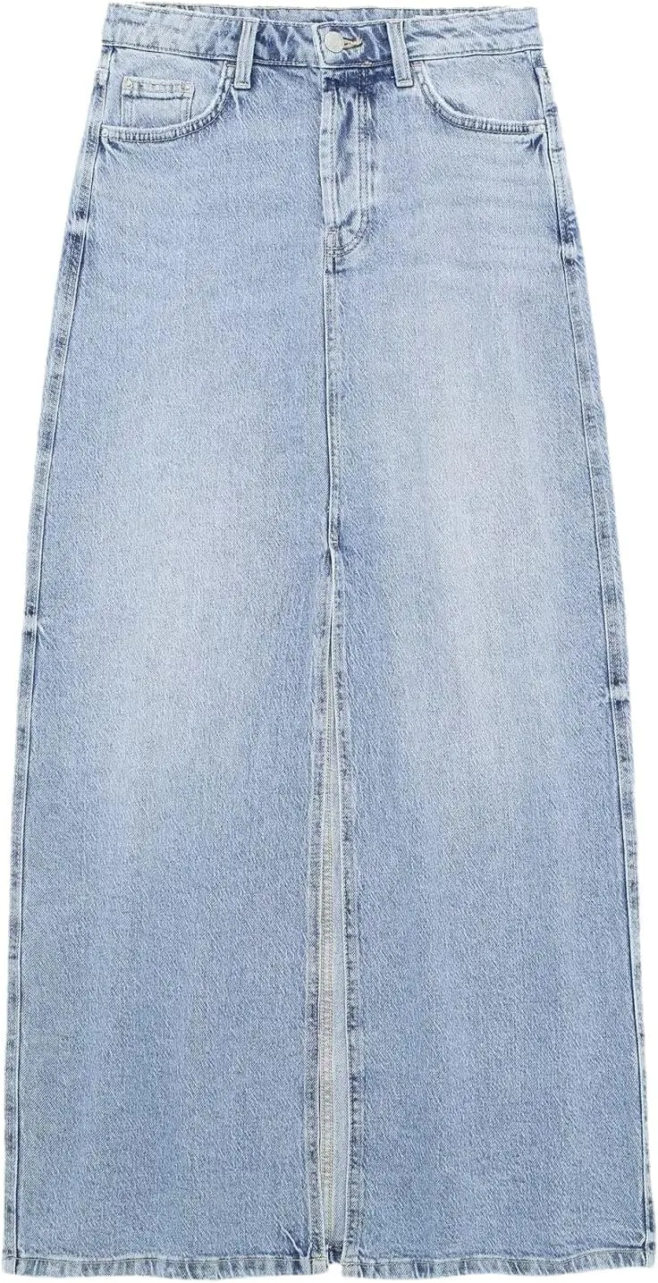 Women's Solid Streetwear Cargo Denim Skirts Summer High Waist Slit Jean Midi Skirts