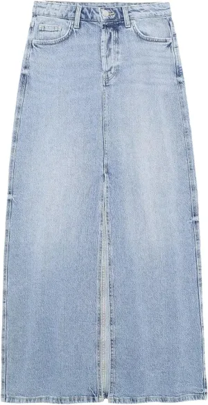Women's Solid Streetwear Cargo Denim Skirts Summer High Waist Slit Jean Midi Skirts