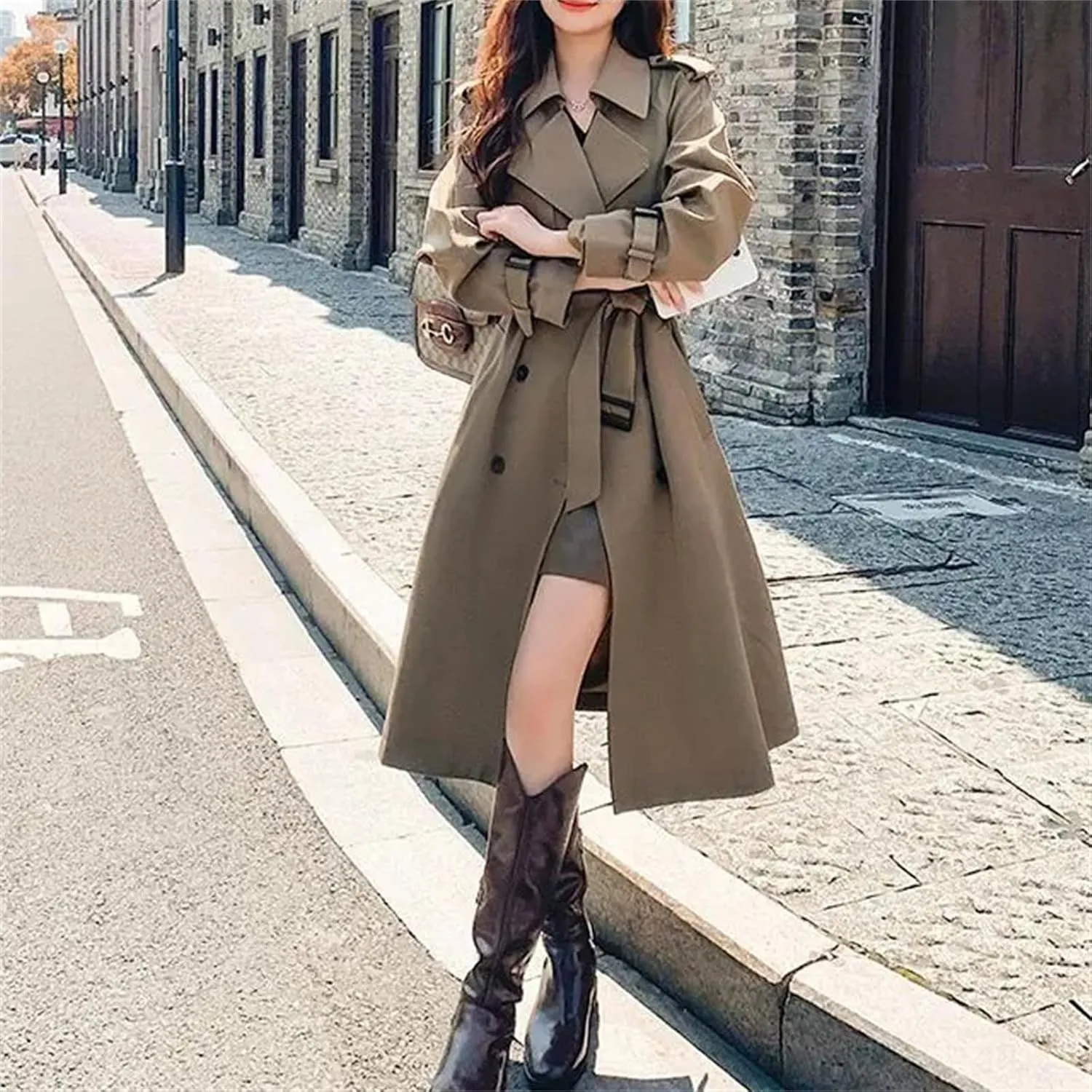 Women's Spring Solid Color Turn-Down Collar Trench Coat – Patchwork Oversized Double-Breasted Long Overcoat