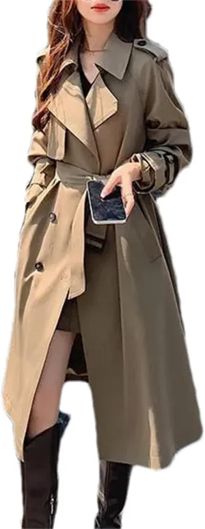 Women's Spring Solid Color Turn-Down Collar Trench Coat – Patchwork Oversized Double-Breasted Long Overcoat