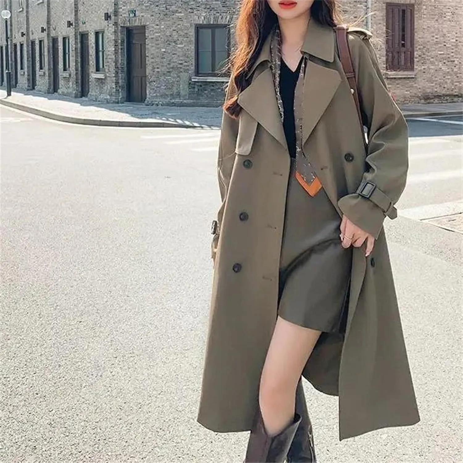 Women's Spring Solid Color Turn-Down Collar Trench Coat – Patchwork Oversized Double-Breasted Long Overcoat