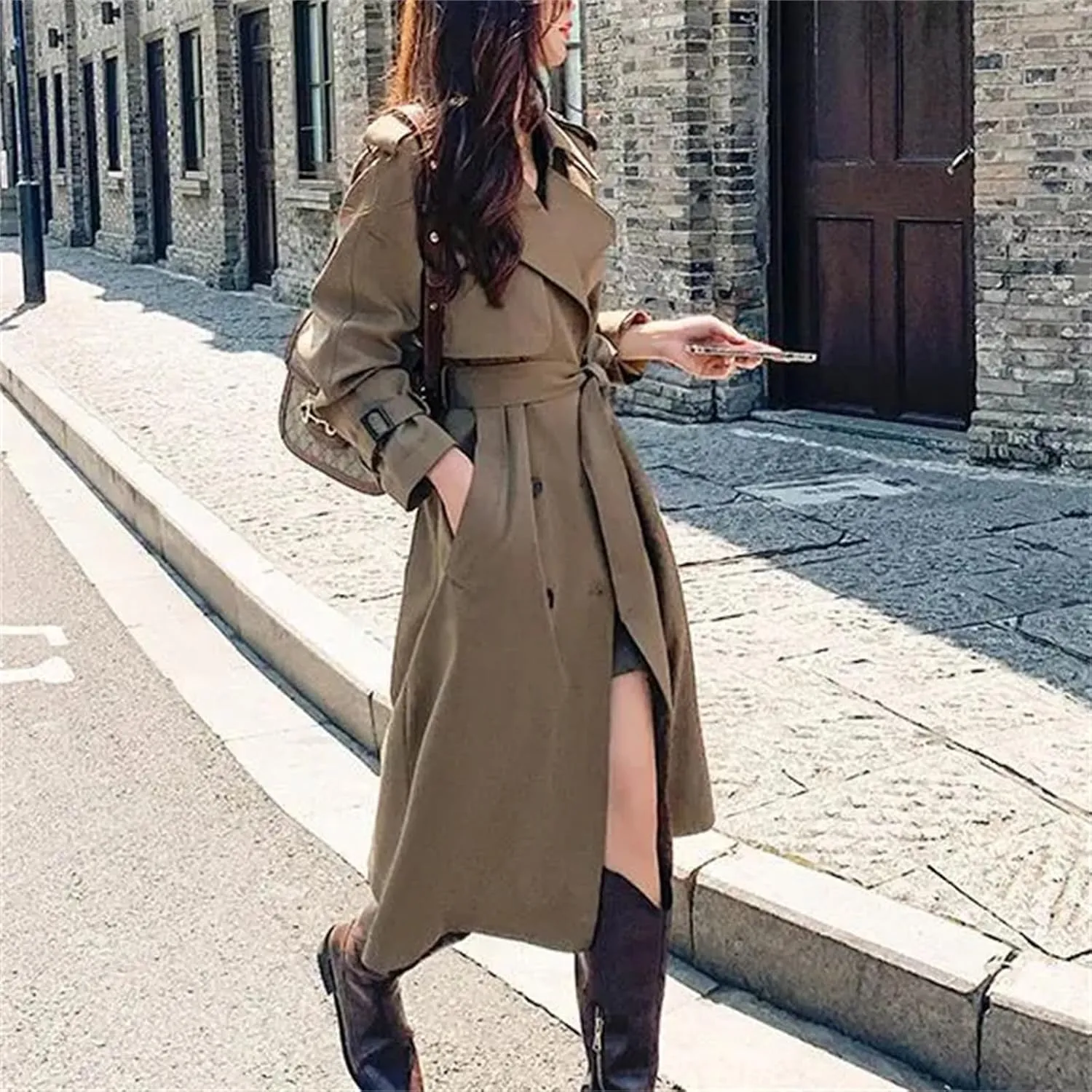 Women's Spring Solid Color Turn-Down Collar Trench Coat – Patchwork Oversized Double-Breasted Long Overcoat