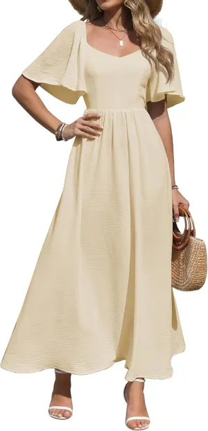 Womens Summer Beach Maxi Dress with Back Bow Tie Casual Short Sleeve Square Neck High Waist A Line Flowy Boho