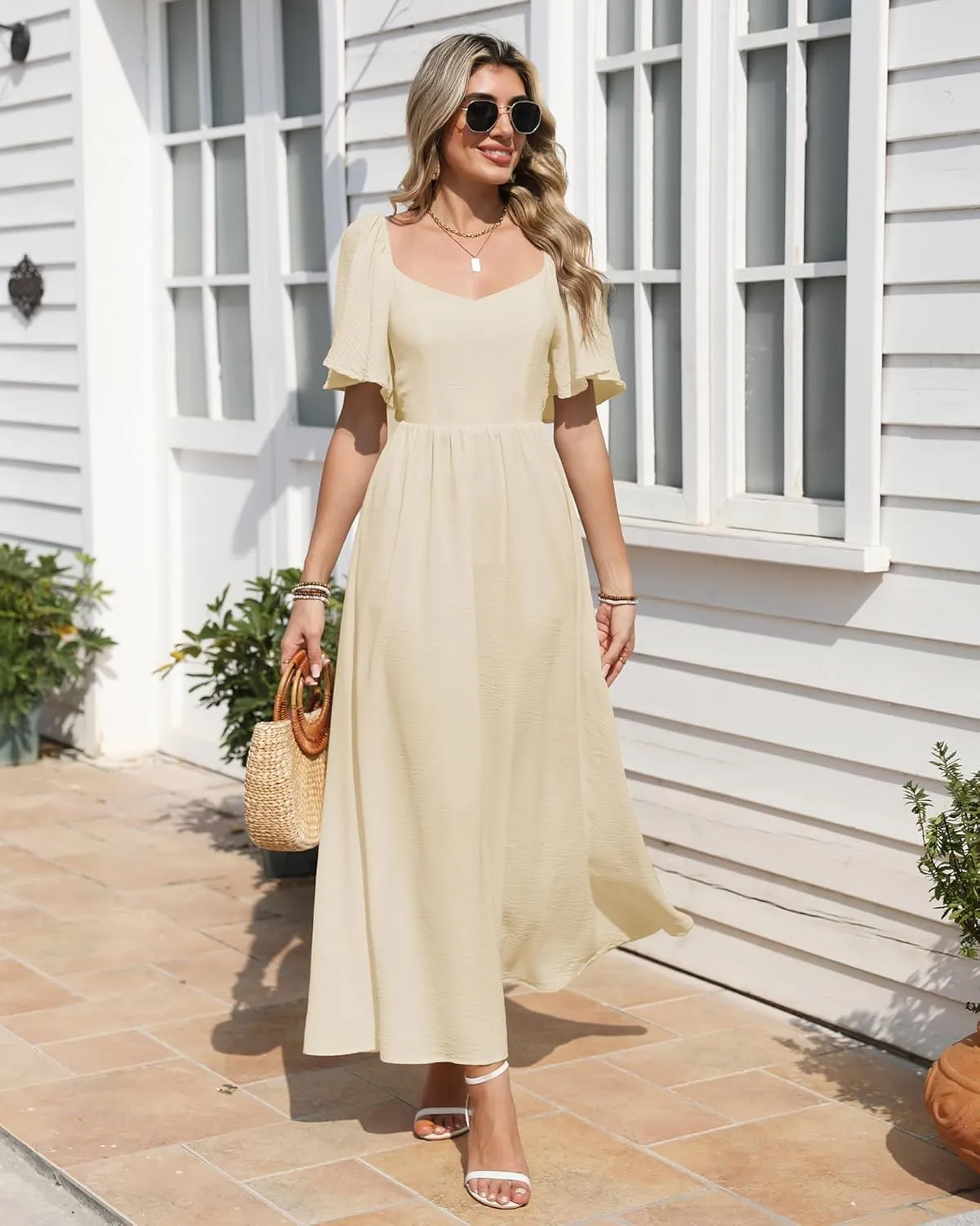 Womens Summer Beach Maxi Dress with Back Bow Tie Casual Short Sleeve Square Neck High Waist A Line Flowy Boho