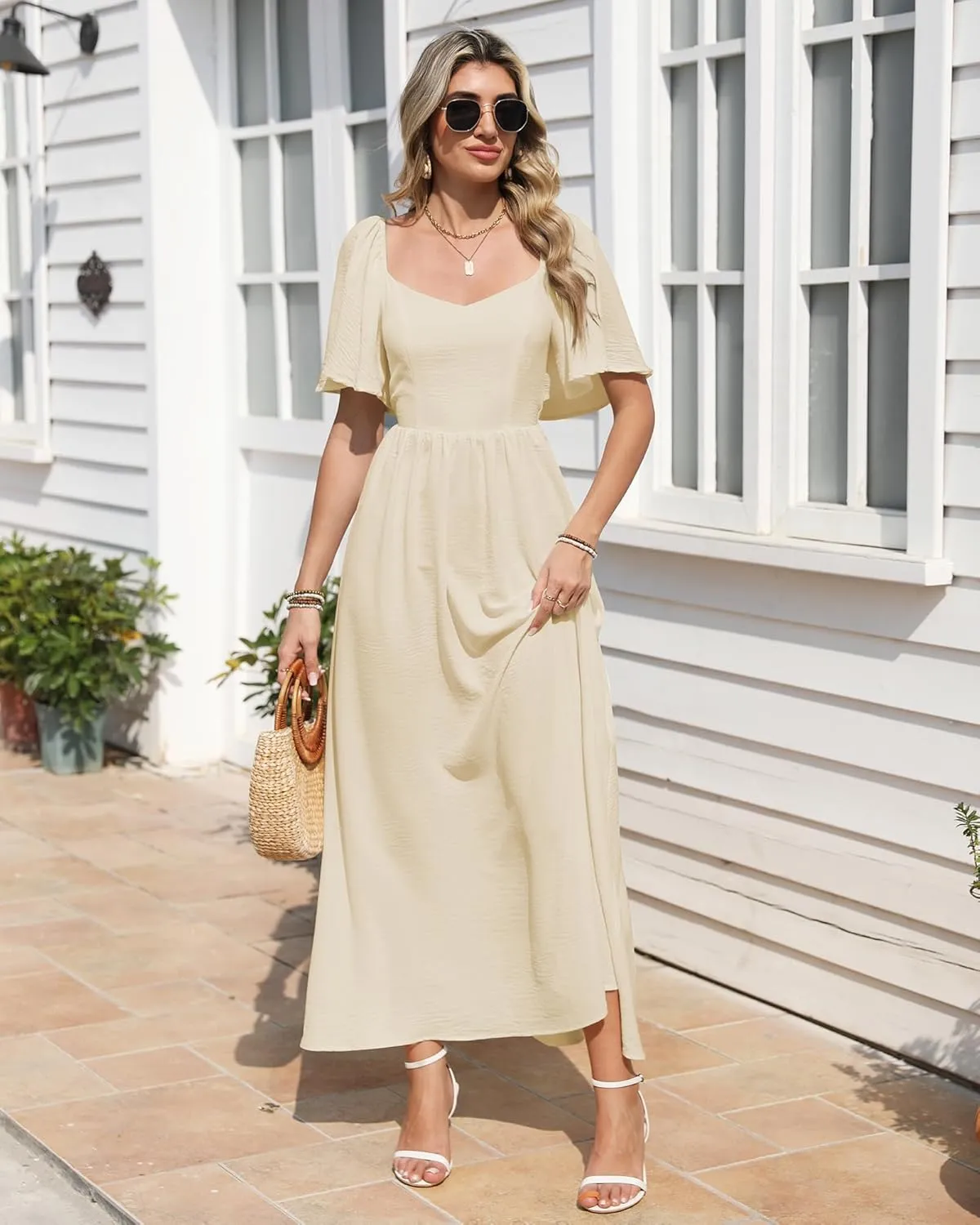Womens Summer Beach Maxi Dress with Back Bow Tie Casual Short Sleeve Square Neck High Waist A Line Flowy Boho