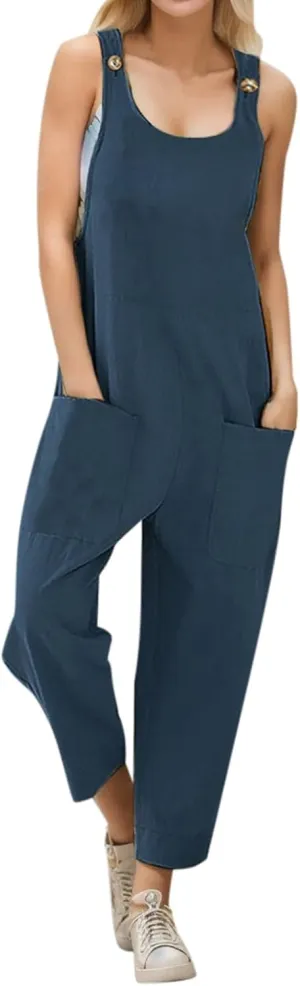 Women's Summer Casual Overalls Cotton Linen Jumpsuits Loose Sleeveless Wide Leg Boho Beach Vacation Baggy Rompers with Pocket