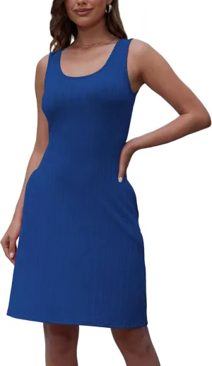Womens Summer Crewneck Sleeveless Dresses Slim Bodycon Casual Midi Tank Tops Dress