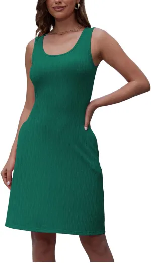 Womens Summer Crewneck Sleeveless Dresses Slim Bodycon Casual Midi Tank Tops Dress